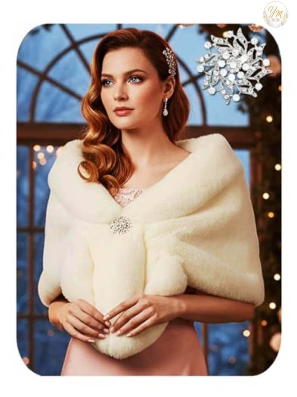 Women's Faux Fur Wedding Shawl Wrap with Rhinestone Brooch Bridal Stole